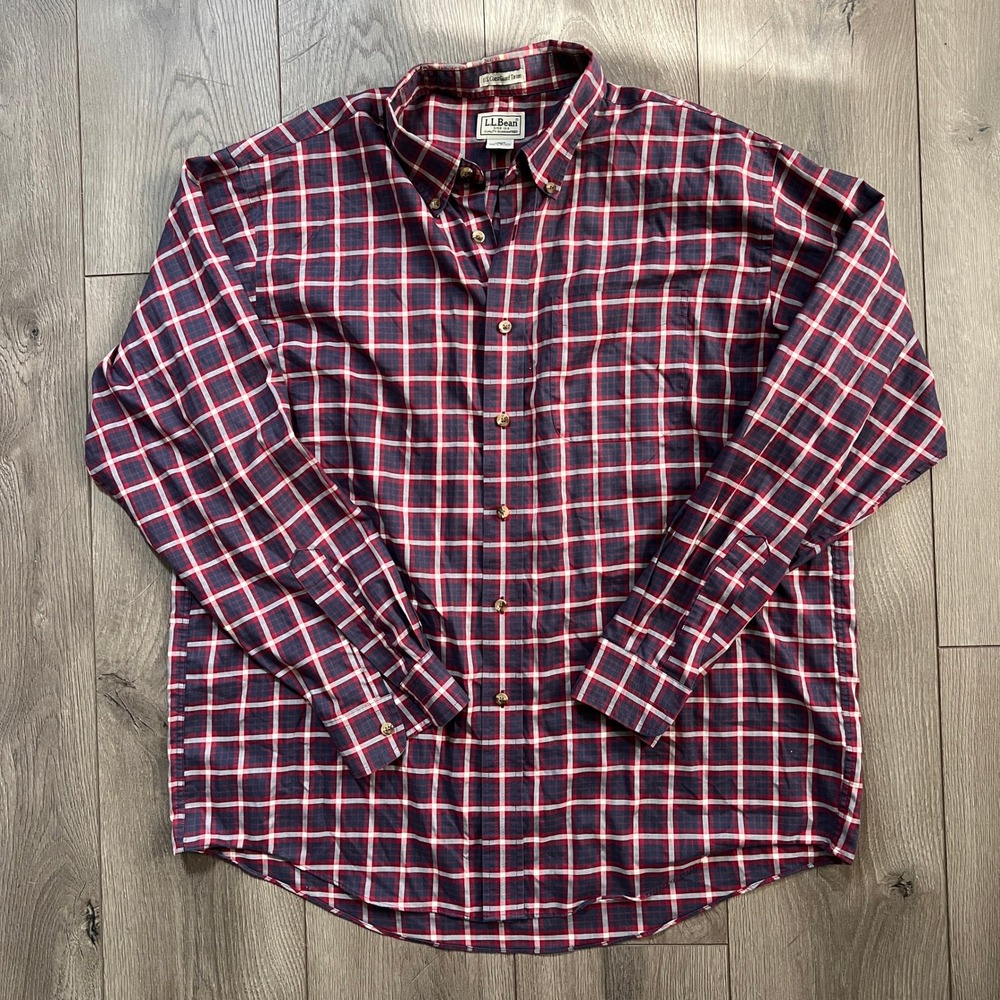 LL Bean Mens US Coast Guard Tartan Plaid Button Down Shirt Cotton Red Blue L Reg